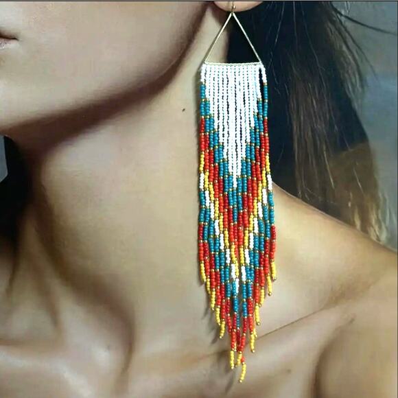 Geometric Fringe Beaded Triangle Rainbow Earrings - Picture 1 of 7